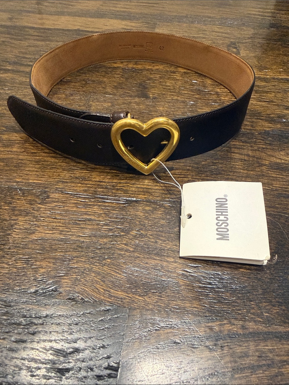 Moschino Brown Leather Belt with Gold Heart Buckle